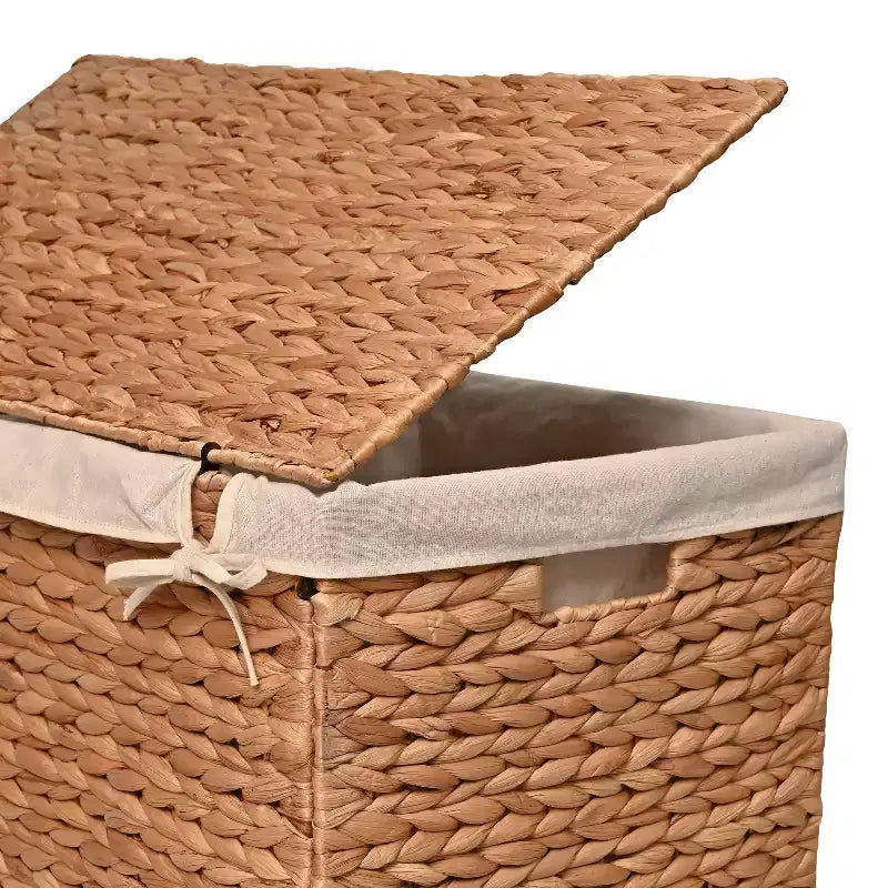 24-Inch Classic Farmhouse Handwoven Hyacinth 2-Section Collapsible Laundry Hamper with Washable Liner, Handles, and Lid