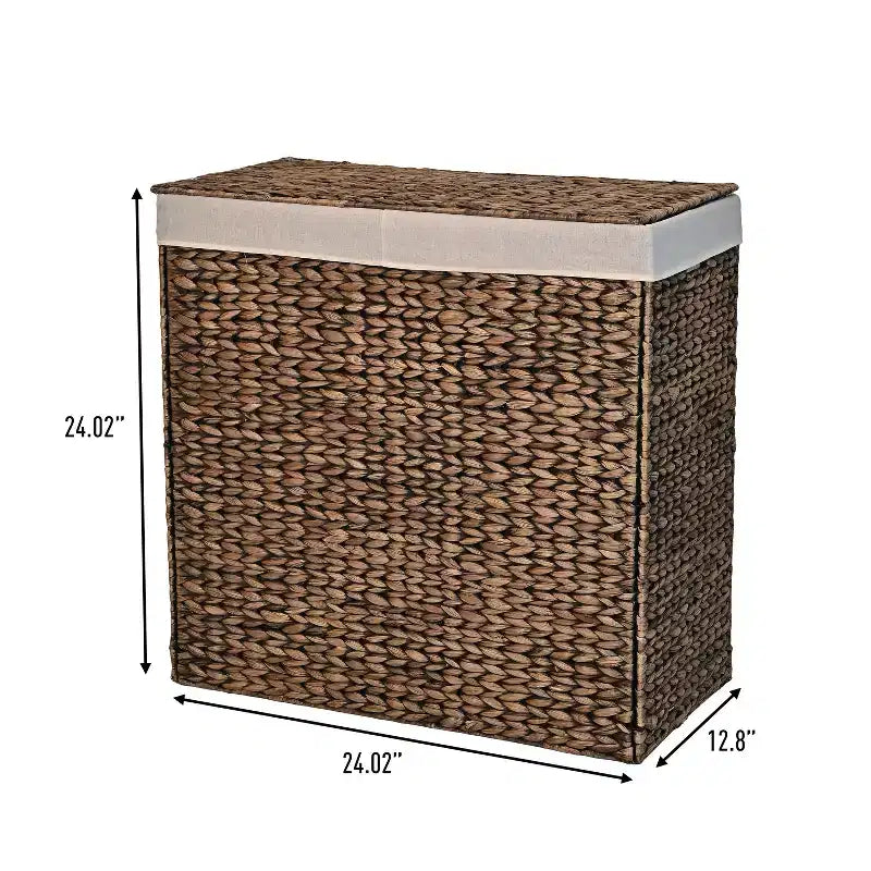 24-Inch Classic Farmhouse Handwoven Hyacinth 2-Section Collapsible Laundry Hamper with Washable Liner, Handles, and Lid