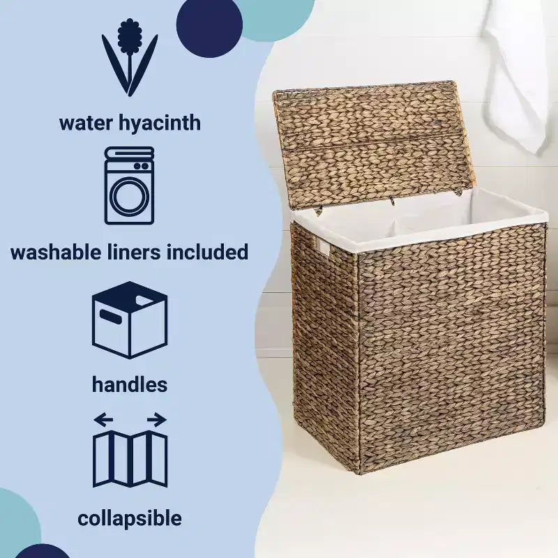 24-Inch Classic Farmhouse Handwoven Hyacinth 2-Section Collapsible Laundry Hamper with Washable Liner, Handles, and Lid
