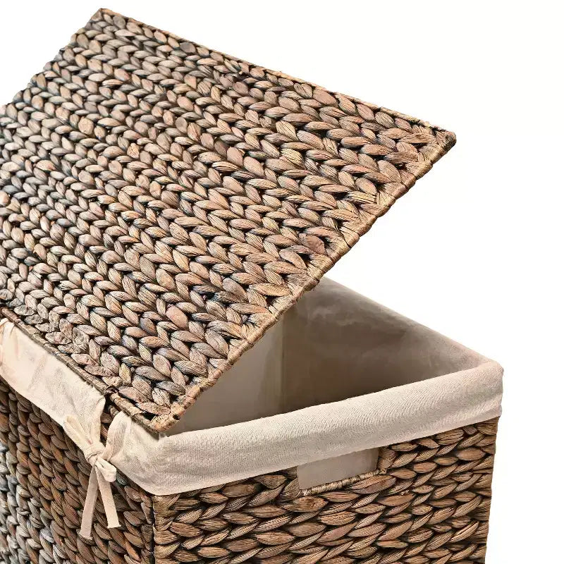 24-Inch Classic Farmhouse Handwoven Hyacinth 2-Section Collapsible Laundry Hamper with Washable Liner, Handles, and Lid