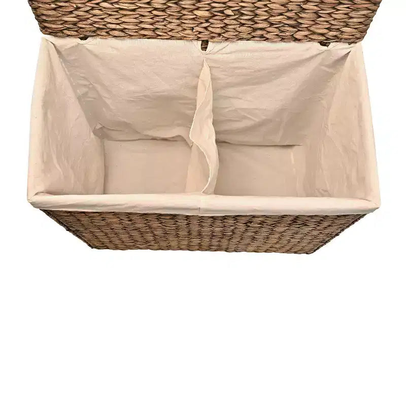 24-Inch Classic Farmhouse Handwoven Hyacinth 2-Section Collapsible Laundry Hamper with Washable Liner, Handles, and Lid