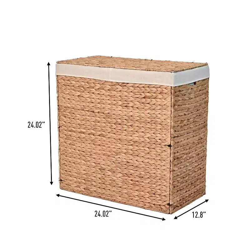 24-Inch Classic Farmhouse Handwoven Hyacinth 2-Section Collapsible Laundry Hamper with Washable Liner, Handles, and Lid