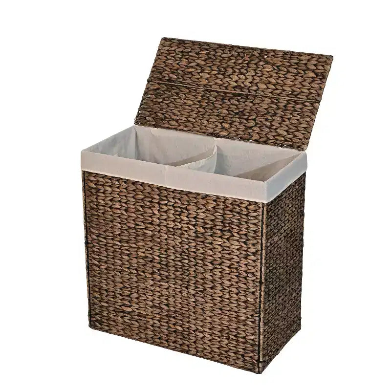 happimess Sawyer 24 Classic Farmhouse Handwoven Hyacinth 2-Section Collapsible Laundry Hamper with Washable Liner, Handles, and Lid