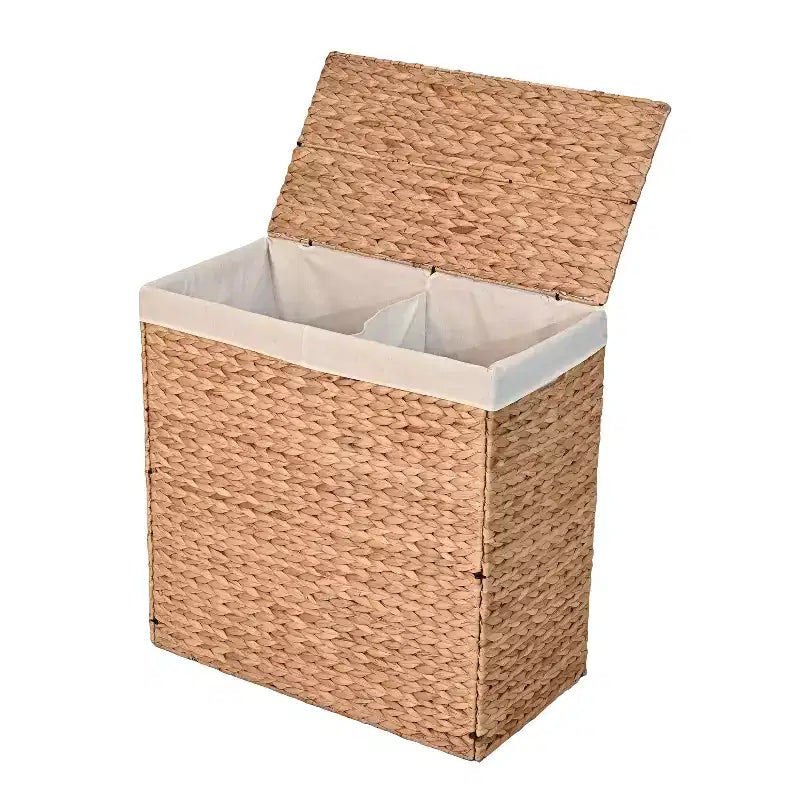 24-Inch Classic Farmhouse Handwoven Hyacinth 2-Section Collapsible Laundry Hamper with Washable Liner, Handles, and Lid