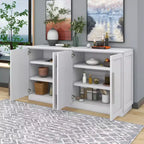 Buffet 6 portes, grand rangement, étagères réglables et poignées argentées