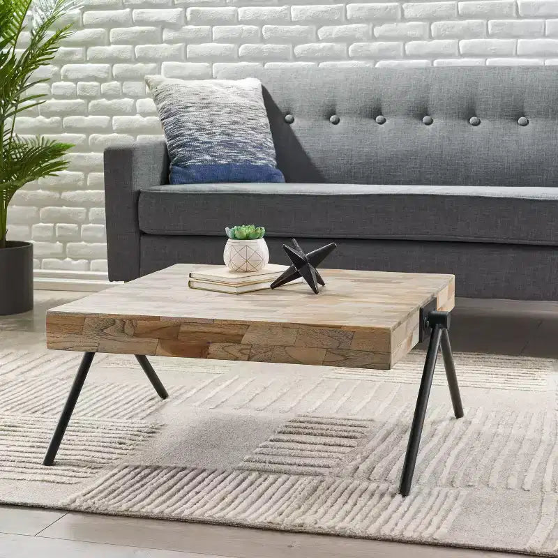 28W Coffee Table with Mango Wood Top & V-Shaped Iron Legs, Modern Industrial Design