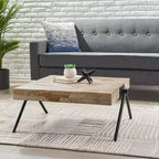 Table basse 28W avec plateau en manguier et pieds en fer en V, design industriel moderne