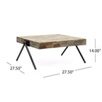 Table basse 28W avec plateau en manguier et pieds en fer en V, design industriel moderne