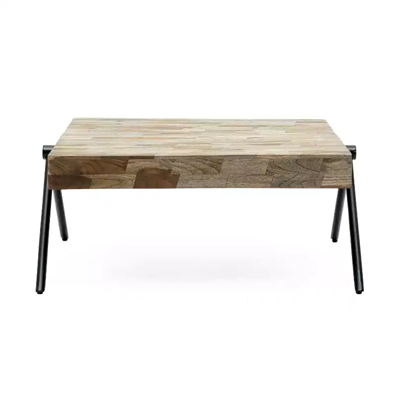 28W Coffee Table with Mango Wood Top & V-Shaped Iron Legs, Modern Industrial Design