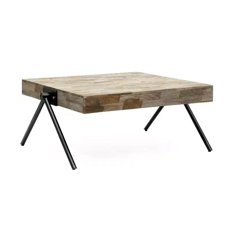 28W Coffee Table with Mango Wood Top & V-Shaped Iron Legs, Modern Industrial Design