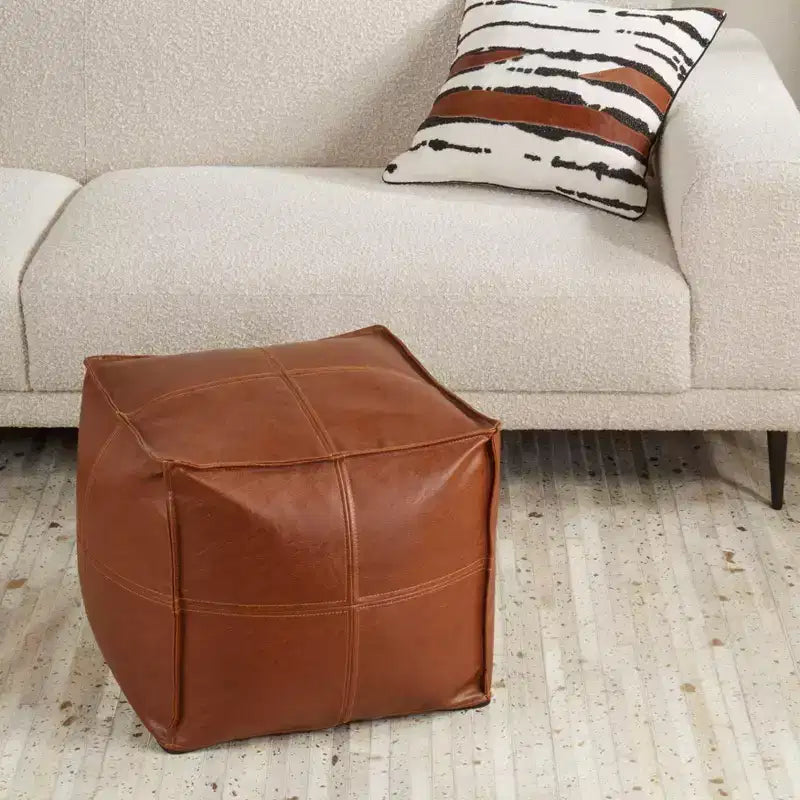 Vintage Inspired Faux Leather Patchwork Pouf, 18x18x16, Brown