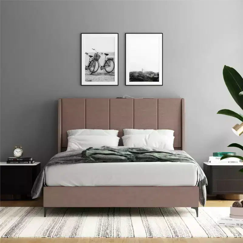 Upholstered Wingback Bed with USB Charging