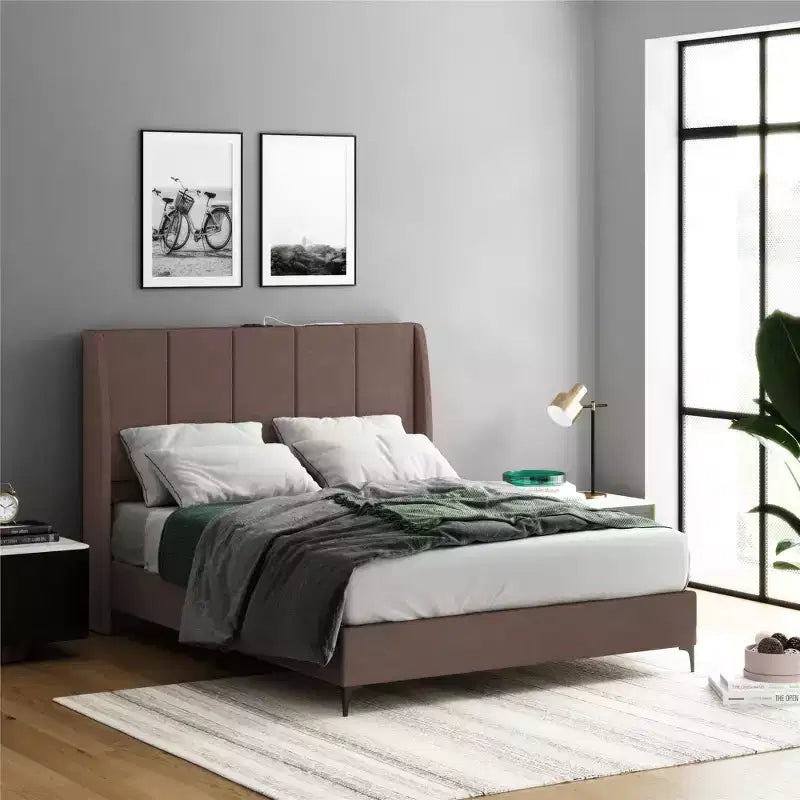 Upholstered Wingback Bed with USB Charging