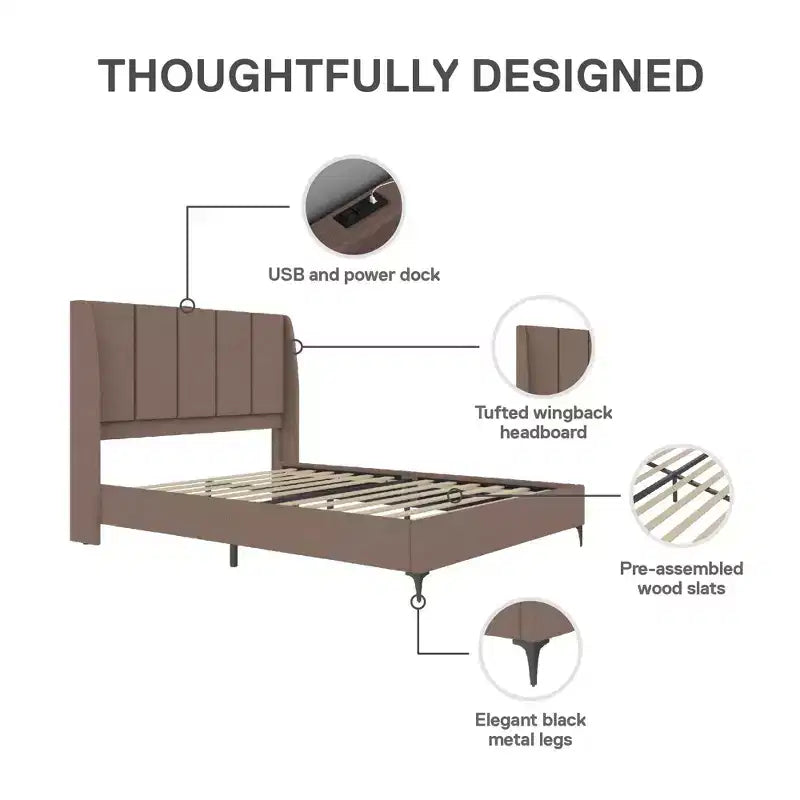 Upholstered Wingback Bed with USB Charging