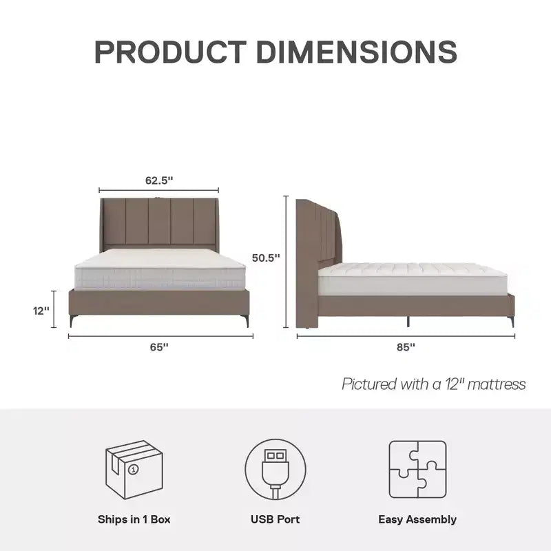Upholstered Wingback Bed with USB Charging