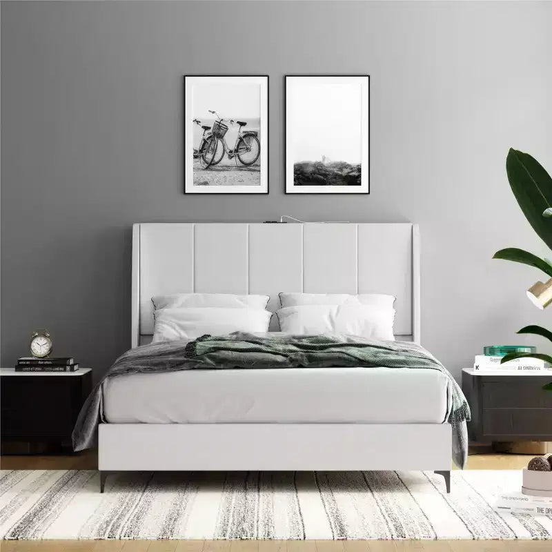 Upholstered Wingback Bed with USB Charging