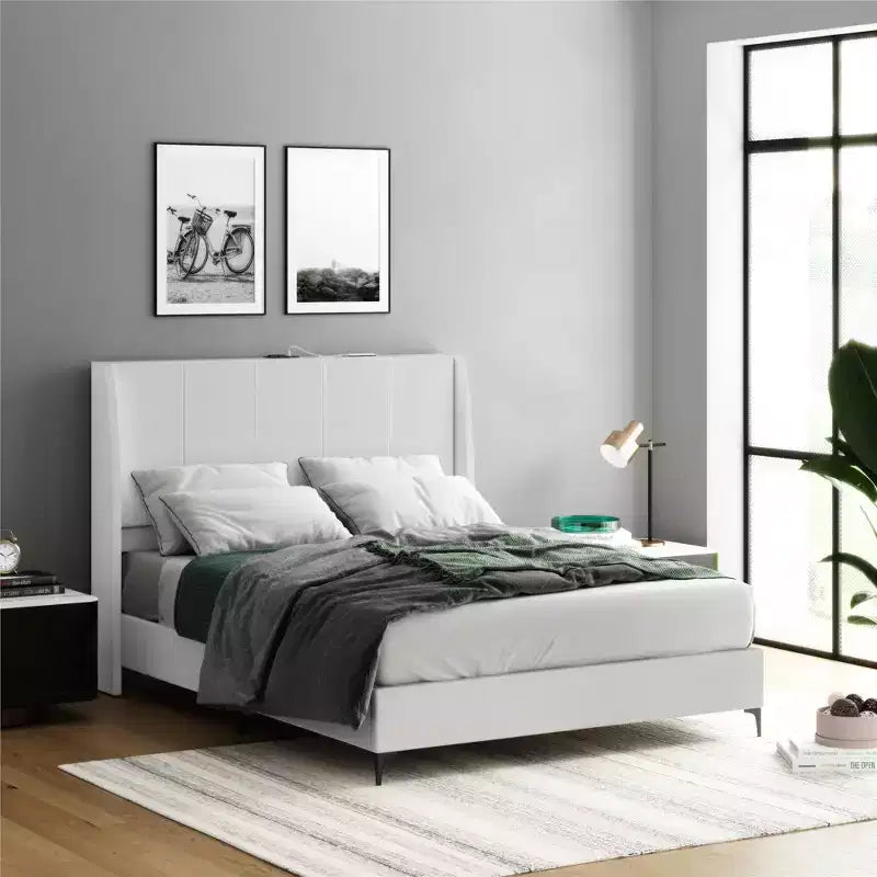 Upholstered Wingback Bed with USB Charging