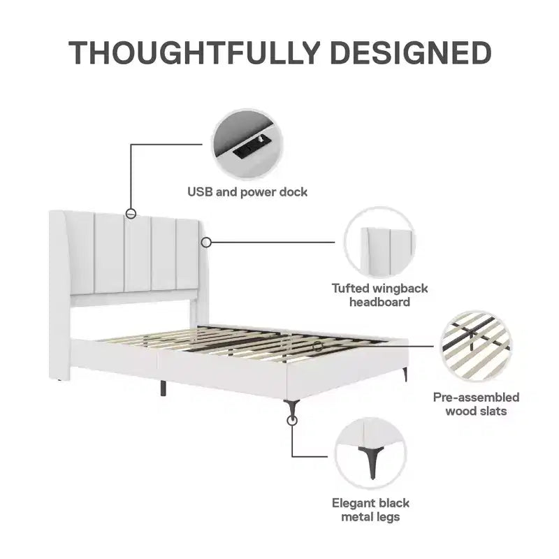 Upholstered Wingback Bed with USB Charging
