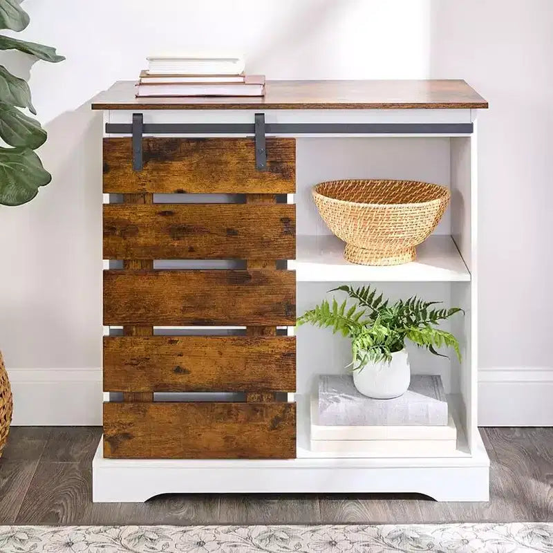 Two Tone Sliding Door Storage Cabinet with Shelves 31.5H