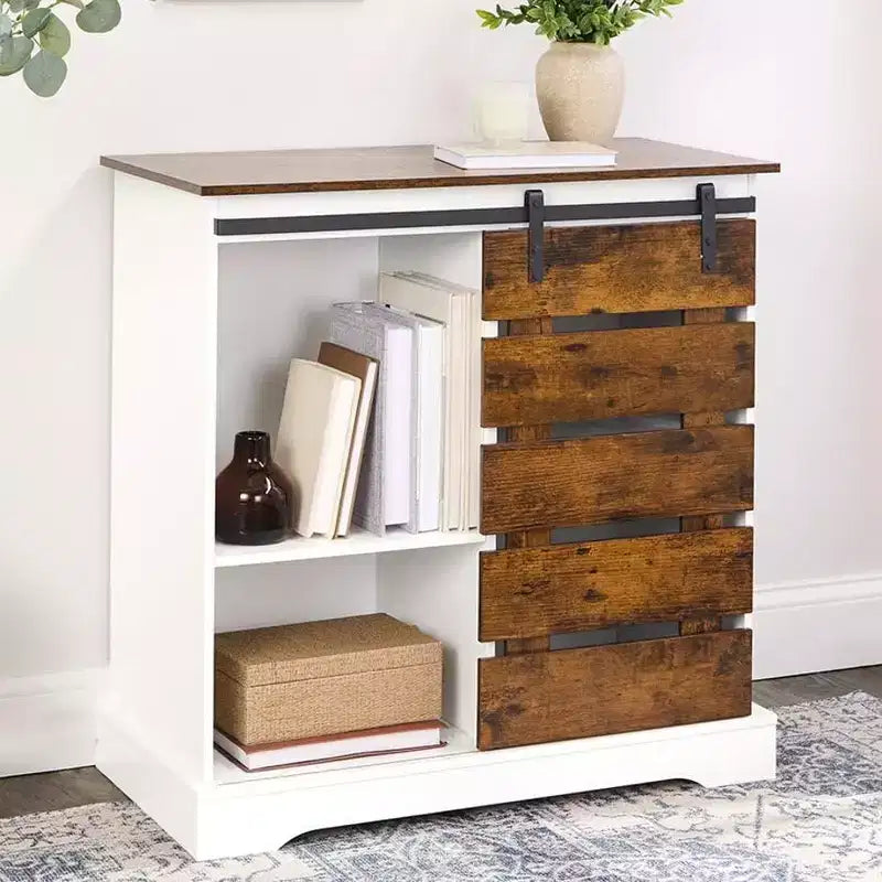Two Tone Sliding Door Storage Cabinet with Shelves 31.5H