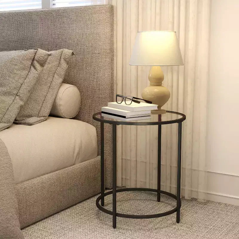 Round Glass Side Table with Metal Frame