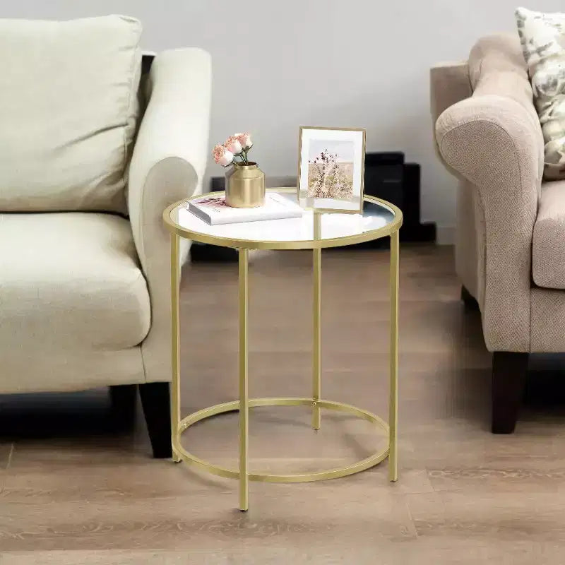 Round Glass Side Table with Metal Frame