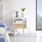 15.75 Rattan End table with drawer and solid wood legs, Modern nightstand, side table for living room, bedroom, white