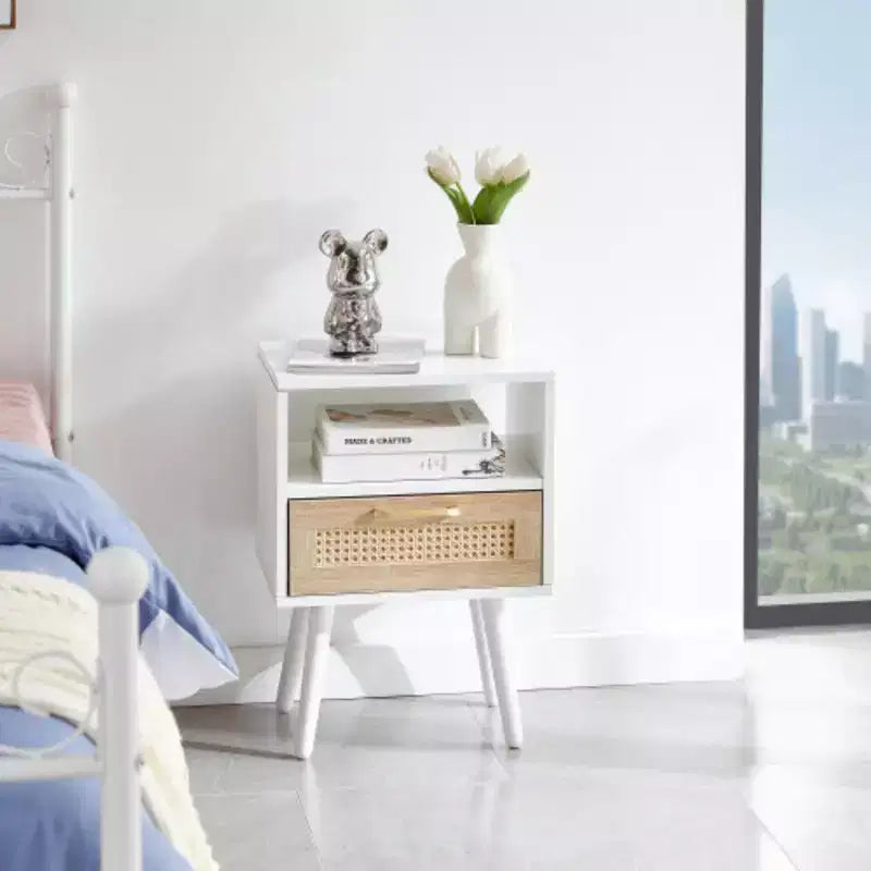 15.75 Rattan End table with drawer and solid wood legs, Modern nightstand, side table for living room, bedroom, white