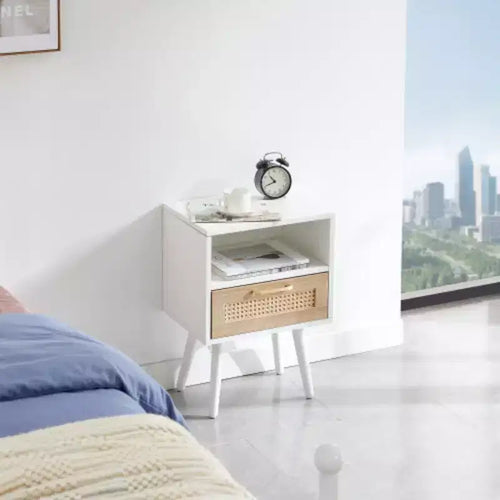 15.75" Rattan End Table with Drawer and Solid Wood Legs, Nightstand Side Table for Living Room & Bedroom, White