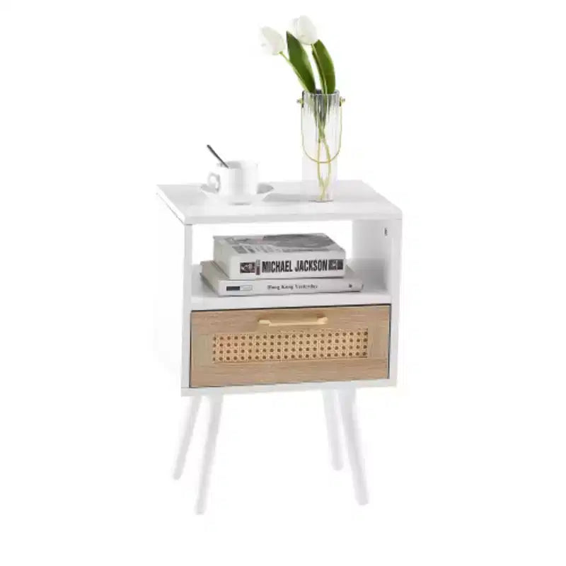15.75" Rattan End Table with Drawer and Solid Wood Legs, Nightstand Side Table for Living Room & Bedroom, White