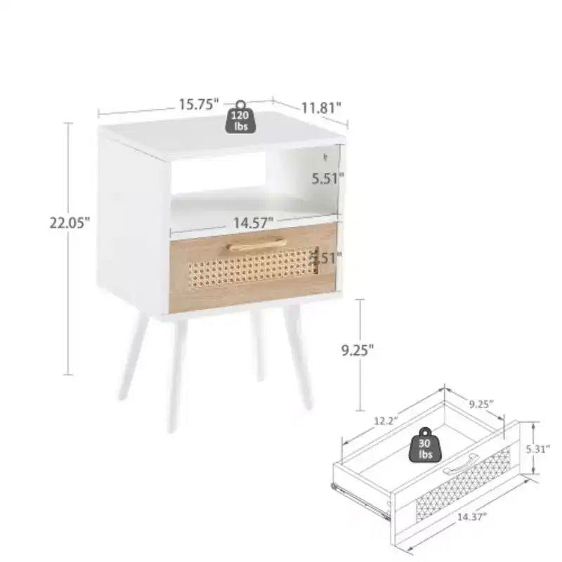 15.75" Rattan End Table with Drawer and Solid Wood Legs, Nightstand Side Table for Living Room & Bedroom, White