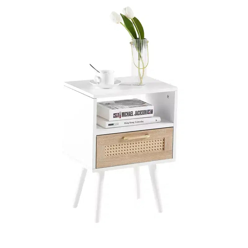 15.75" Rattan End Table with Drawer and Solid Wood Legs, Nightstand Side Table for Living Room & Bedroom, White