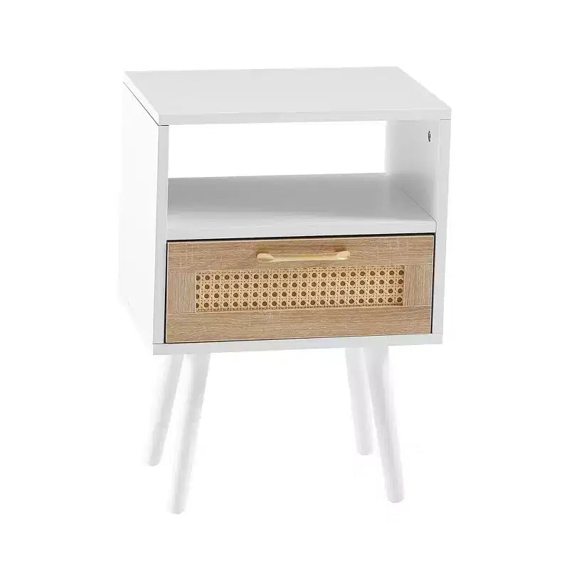 15.75" Rattan End Table with Drawer and Solid Wood Legs, Nightstand Side Table for Living Room & Bedroom, White