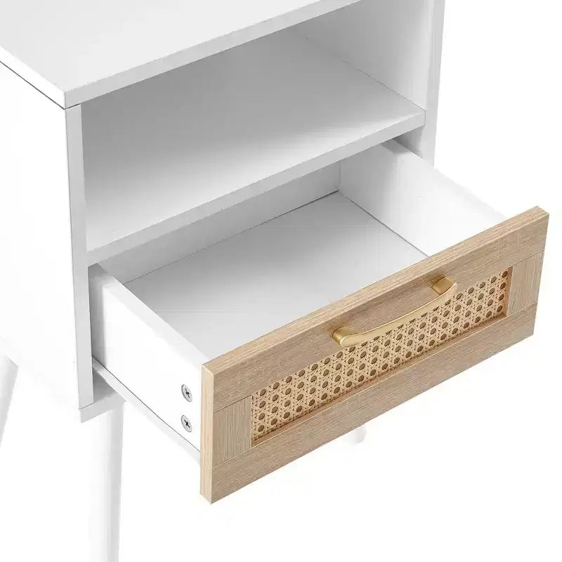 15.75" Rattan End Table with Drawer and Solid Wood Legs, Nightstand Side Table for Living Room & Bedroom, White