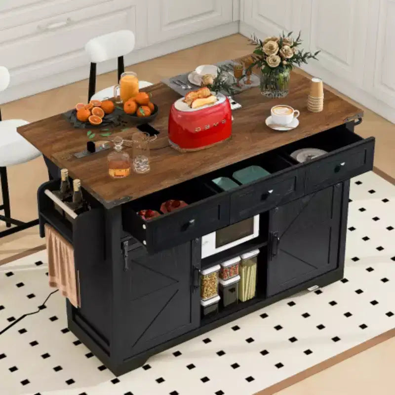 53.7 Black Farmhouse Kitchen Island with Drop Leaf, Rolling Kitchen Cart on Wheels for Home Kitchen Dining Room