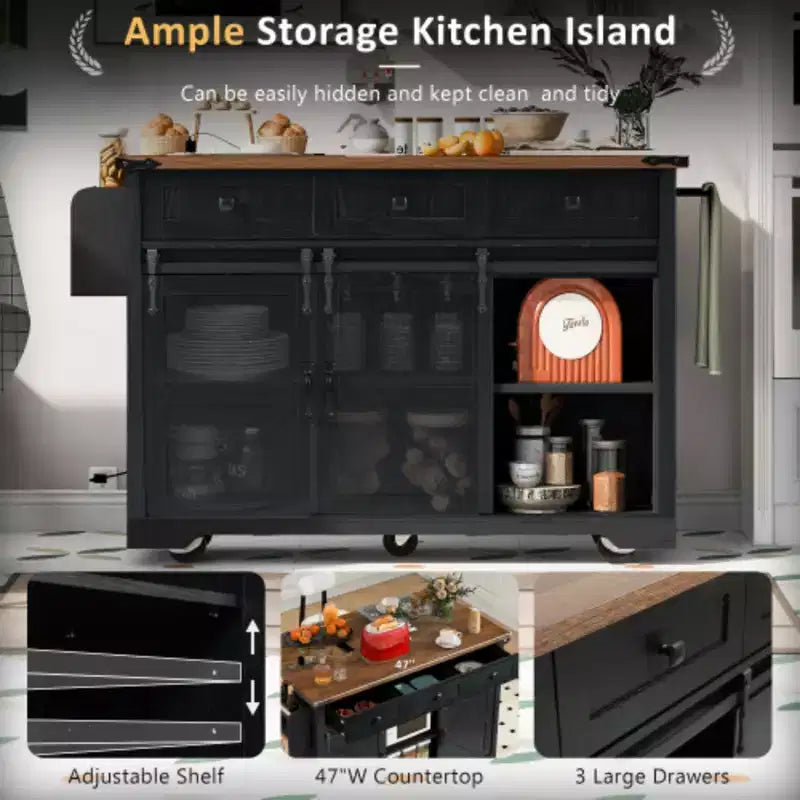 53.7" Black Farmhouse Kitchen Island with Drop Leaf, Rolling Kitchen Cart on Wheels