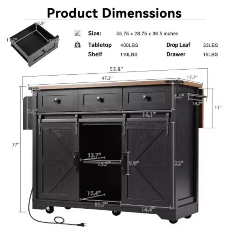 53.7" Black Farmhouse Kitchen Island with Drop Leaf, Rolling Kitchen Cart on Wheels
