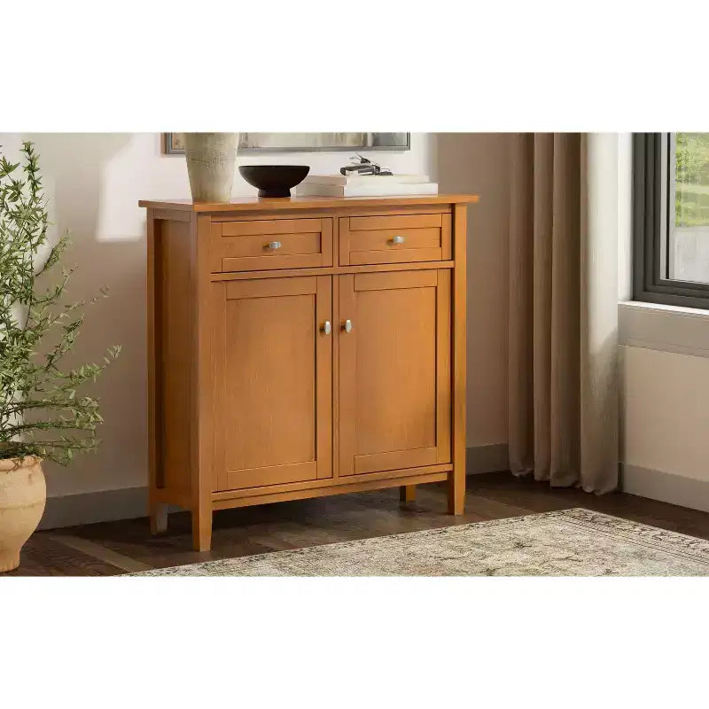 36 inch Wide Solid Wood Transitional Entryway Storage Cabinet in Light Golden Brown