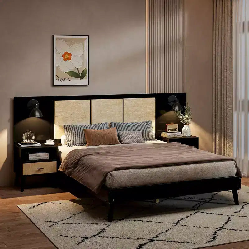 Queen Bed Frame with Rattan Headboard & Built-in Lights, 2 Bedside Tables with Drawers, Wood Platform Bed for Bedroom