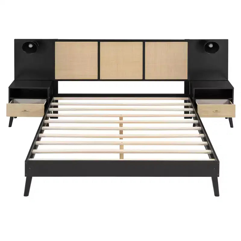 Queen Bed Frame with Rattan Headboard, Built-in Lights & 2 Bedside Tables