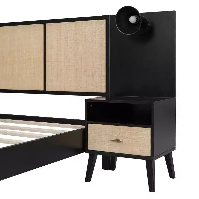 Queen Bed Frame with Rattan Headboard, Built-in Lights & 2 Bedside Tables