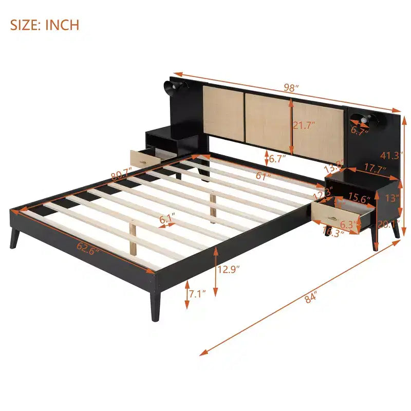 Queen Bed Frame with Rattan Headboard, Built-in Lights & 2 Bedside Tables
