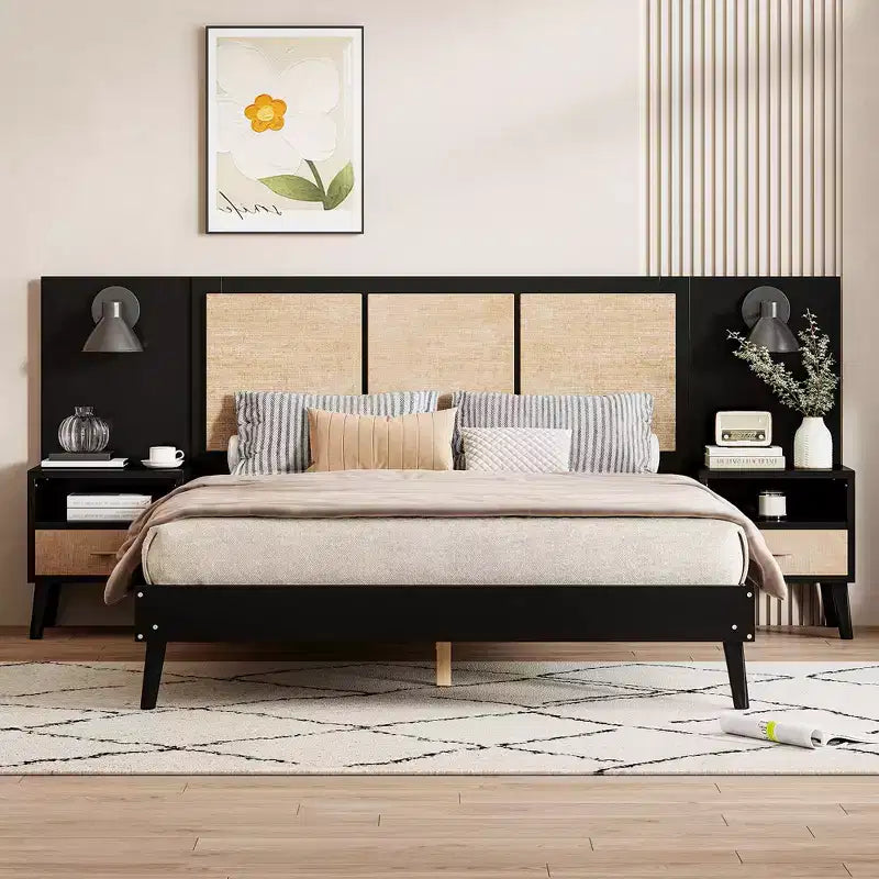 Queen Bed Frame with Rattan Headboard, Built-in Lights & 2 Bedside Tables