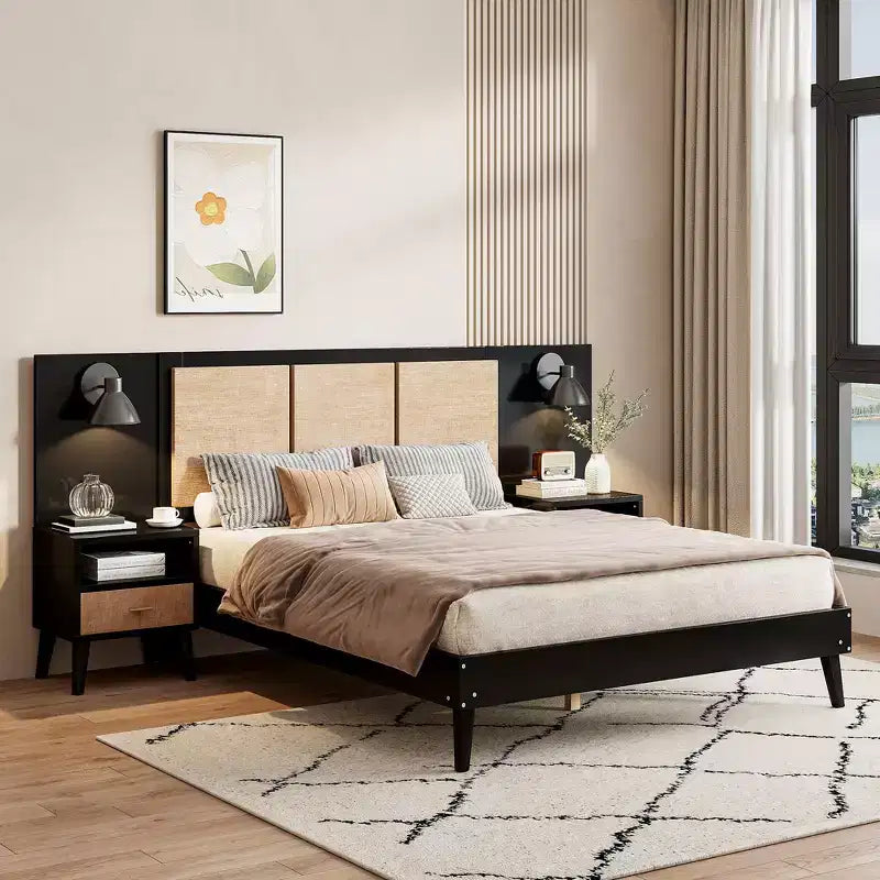 Queen Bed Frame with Rattan Headboard, Built-in Lights & 2 Bedside Tables