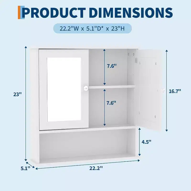 Wall Mount Mirror Medicine Cabinet with Adjustable Shelf, Waterproof Cabinet for Bathroom Organization
