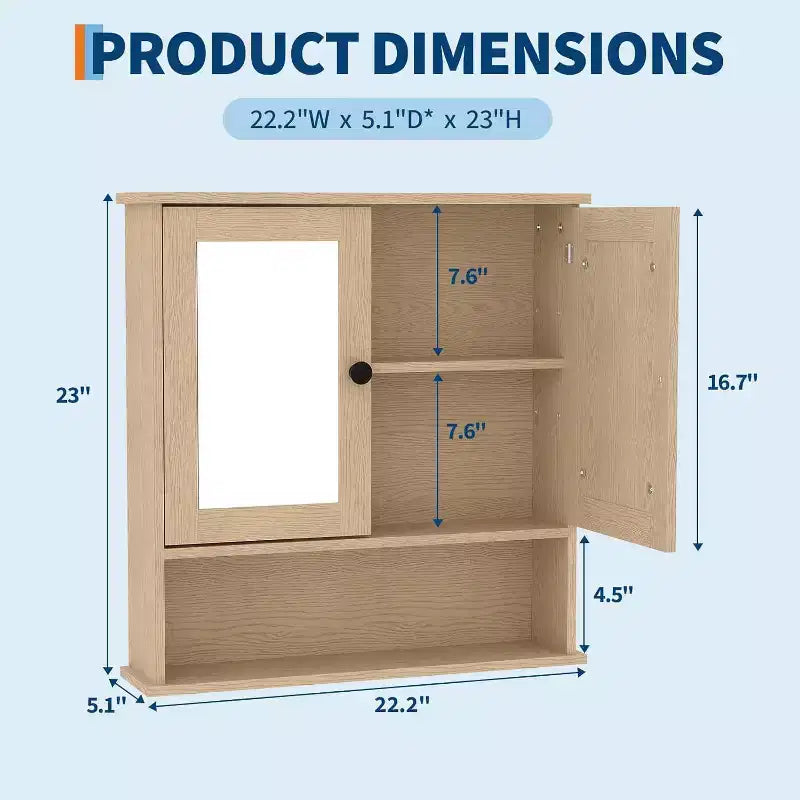Wall Mount Mirror Medicine Cabinet with Adjustable Shelf, Waterproof Cabinet for Bathroom Organization