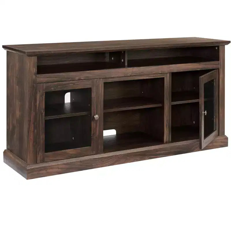 TV Stand with Glass Door for TVs up to 65 Inches, Modern Entertainment Center with Cabinets and Open Shelves