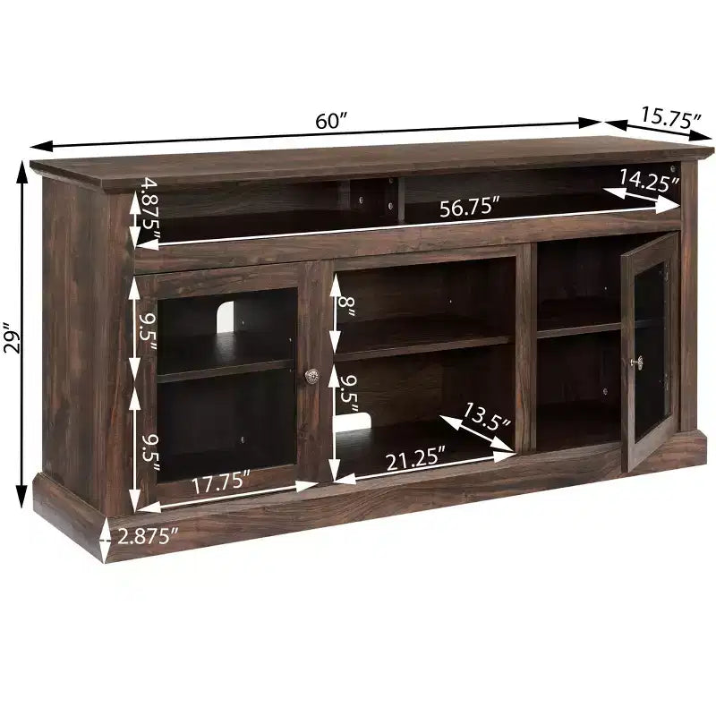 TV Stand with Glass Door for TVs up to 65 Inches, Modern Entertainment Center with Cabinets and Open Shelves
