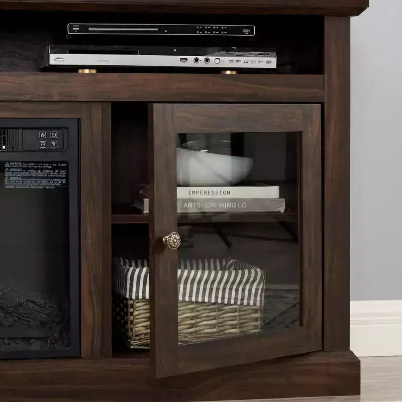 TV Stand with Glass Door for TVs up to 65 Inches, Modern Entertainment Center with Cabinets and Open Shelves