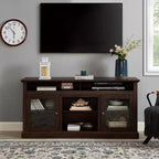 Meuble TV avec porte vitrée pour téléviseurs jusqu'à 65 pouces, meuble de divertissement moderne avec armoires et étagères ouvertes